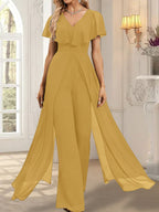 Jumpsuit/Pantsuit V-Neck Floor-Length Chiffon Evening Dress