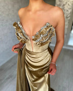 Gold Mermaid Split Front V-Neck Ruffles Prom Dress with beadings by misshow.com