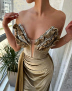 Gold Mermaid Split Front V-Neck Ruffles Prom Dress with beadings by misshow.com