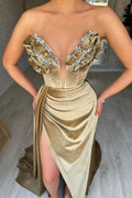 Gold Mermaid Split Front V-Neck Ruffles Prom Dress with beadings by misshow.com
