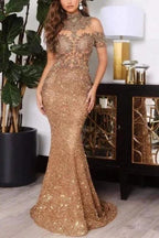 Gold Off The Shoulder Sparkle Mermaid Floor Length Prom Dress by misshow.com