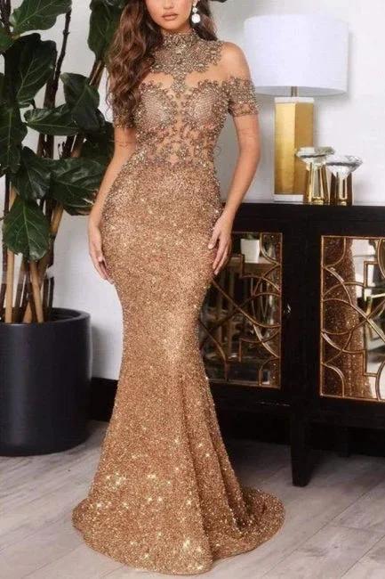 Gold Off The Shoulder Sparkle Mermaid Floor Length Prom Dress by misshow.com