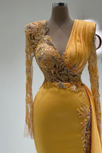 Elegant V-Neck Long Sleeves Mermaid Satin Prom Dresses with Train