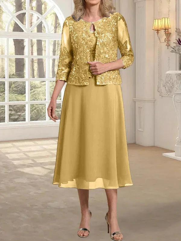 A-line Scoop Tea-Length Lace Chiffon Mother of the Bride Dress With Sequins by Dreamylily