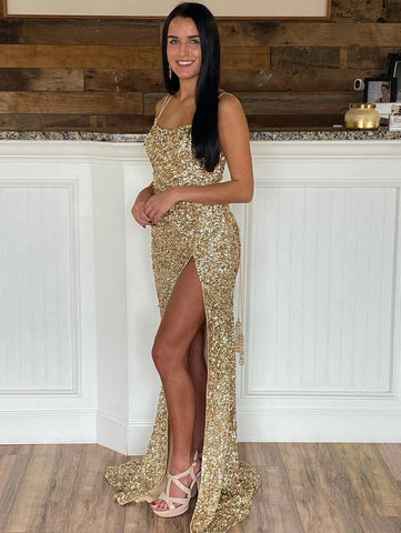 Vestido de fiesta con lentejuelas brillantes y escote redondo con abertura SYP171
