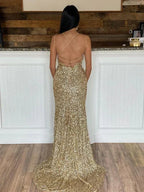 Glitter Sequin Prom Dress with Slit Scoop Neck Prom Dress SYP171 by vivymakudress