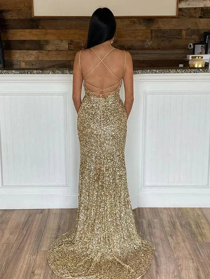 Glitter Sequin Prom Dress with Slit Scoop Neck Prom Dress SYP171 by vivymakudress
