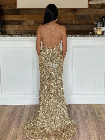 Vestido de fiesta con lentejuelas brillantes y escote redondo con abertura SYP171