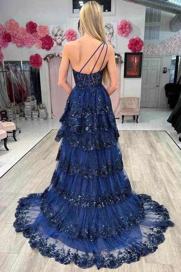 Navy Blue Tulle Sequin One-Shoulder Long Prom Dress with Slit PSK489 by pgmdress