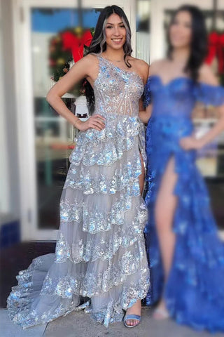 Marineblaues langes One-Shoulder-Ballkleid aus Tüll mit Pailletten und Schlitz PSK489