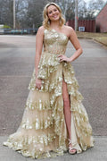 Gold Tulle Sequin One-Shoulder Ruffle Corset Prom Dress with Slit SYP173 by vivymakudress