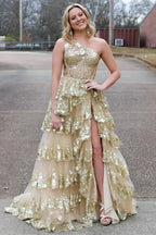 Gold Tulle Sequin One-Shoulder Ruffle Corset Prom Dress with Slit SYP173 by vivymakudress