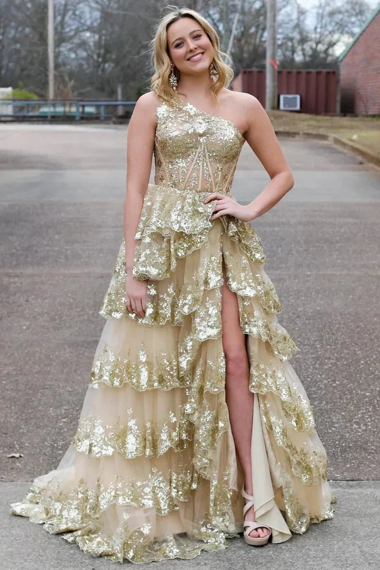 Gold Tulle Sequin One-Shoulder Ruffle Corset Prom Dress with Slit SYP173 by vivymakudress