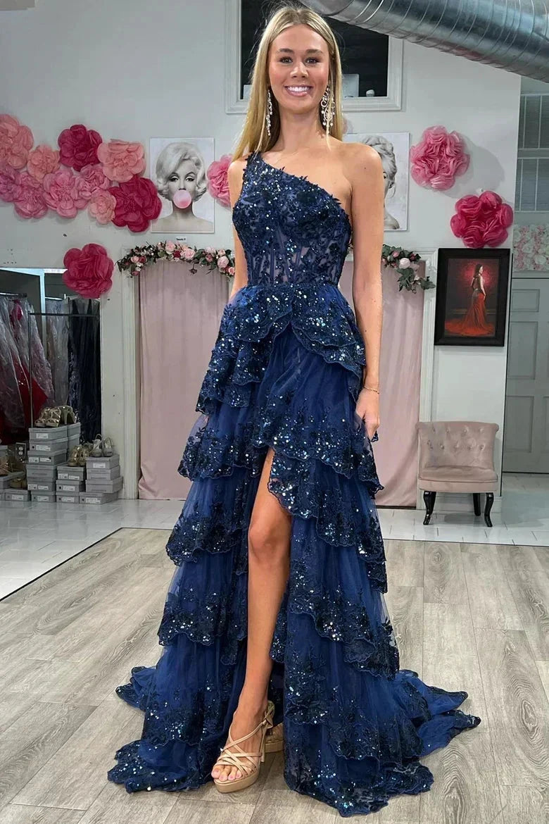 Gold Tulle Sequin One-Shoulder Ruffle Corset Prom Dress with Slit SYP173 by vivymakudress