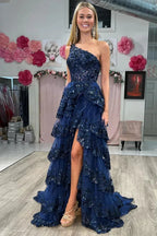 Gold Tulle Sequin One-Shoulder Ruffle Corset Prom Dress with Slit SYP173 by vivymakudress
