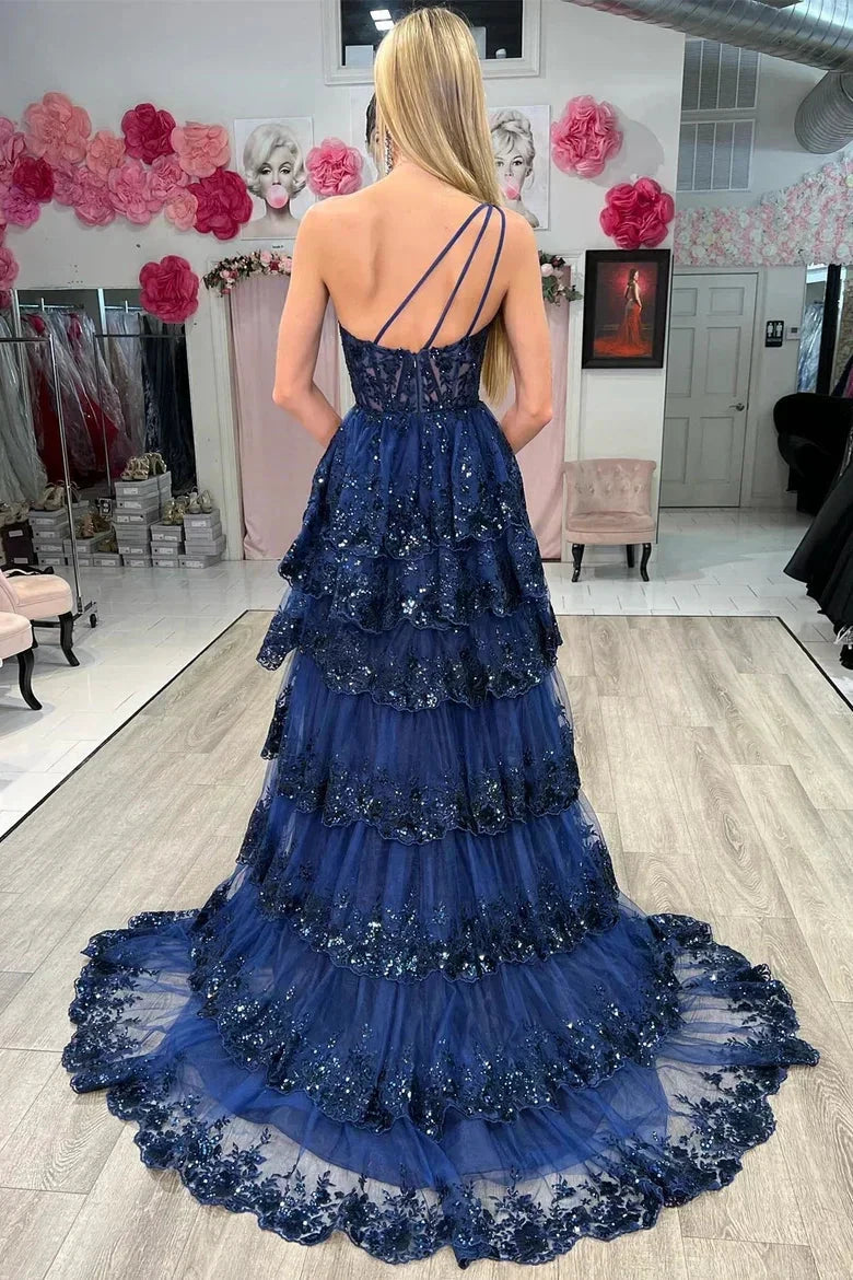 Gold Tulle Sequin One-Shoulder Ruffle Corset Prom Dress with Slit SYP173 by vivymakudress