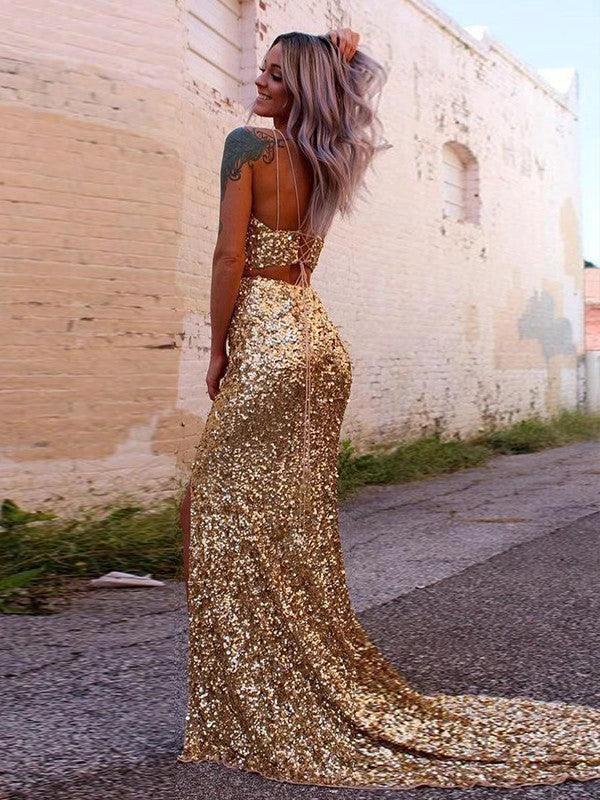 Yellow Prom Dress Two-Pieces Sequin Prom Dresses SYP94 by vivymakudress