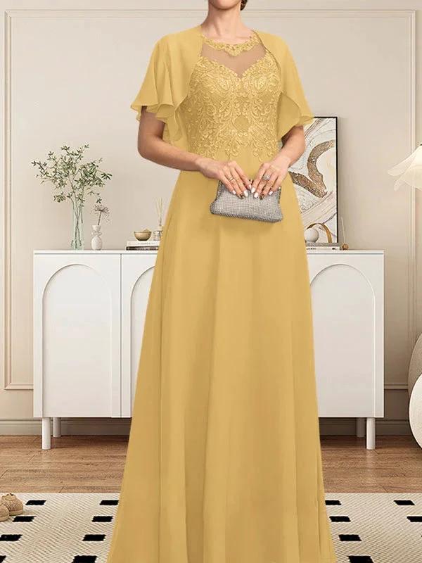 A-line Scoop Illusion Floor-Length Lace Chiffon Mother of the Bride Dress With Sequins by Dreamylily