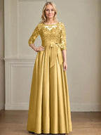 A-line Scoop Illusion Floor-Length Satin Lace Mother of the Bride Dress With Sequins Bow by Dreamylily