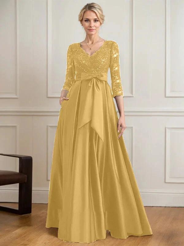 A-line V-Neck Floor-Length Satin Lace Mother of the Bride Dress With Sequins Bow by Dreamylily