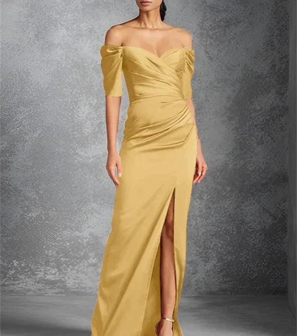Sheath/Column Off-the-Shoulder Short Sleeves Floor-Length Mother of the Bride Dresses With Split Front by Dreamylily