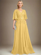A-line V-Neck Floor-Length Chiffon Lace Mother of the Bride Dress With Crystal Brooch Rhinestone by Dreamylily