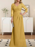 Sheath/Column V-Neck Illusion Floor-Length Lace Chiffon Mother of the Bride Dress With Pleated Sequins by Dreamylily