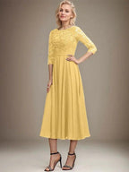 A-line Scoop Tea-Length Lace Chiffon Mother of the Bride Dress With Sequins by Dreamylily