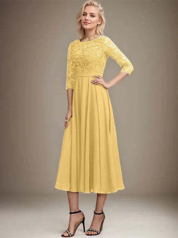 A-line Scoop Tea-Length Lace Chiffon Mother of the Bride Dress With Sequins by Dreamylily