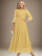 A-line Scoop Ankle-Length Lace Chiffon Mother of the Bride Dress With Bow by Dreamylily