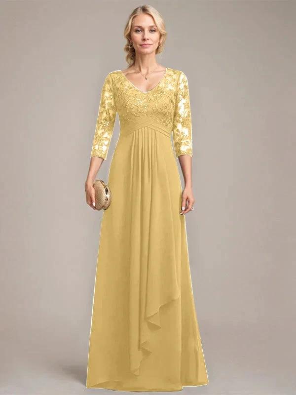 A-line V-Neck Floor-Length Lace Chiffon Mother of the Bride Dress With Cascading Ruffles Sequins by Dreamylily