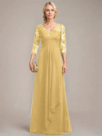 A-line V-Neck Floor-Length Lace Chiffon Mother of the Bride Dress With Cascading Ruffles Sequins by Dreamylily