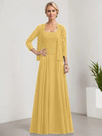 A-line Square Floor-Length Lace Chiffon Mother of the Bride Dress With Sequins by Dreamylily