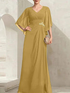 Sheath/Column V-Neck Floor-Length Chiffon Mother of the Bride Dress With Pleated Sequins Beading by Dreamylily