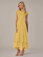 A-line Boat Neck Illusion Asymmetrical Chiffon Lace Mother of the Bride Dress With Applique Pleats by Dreamylily