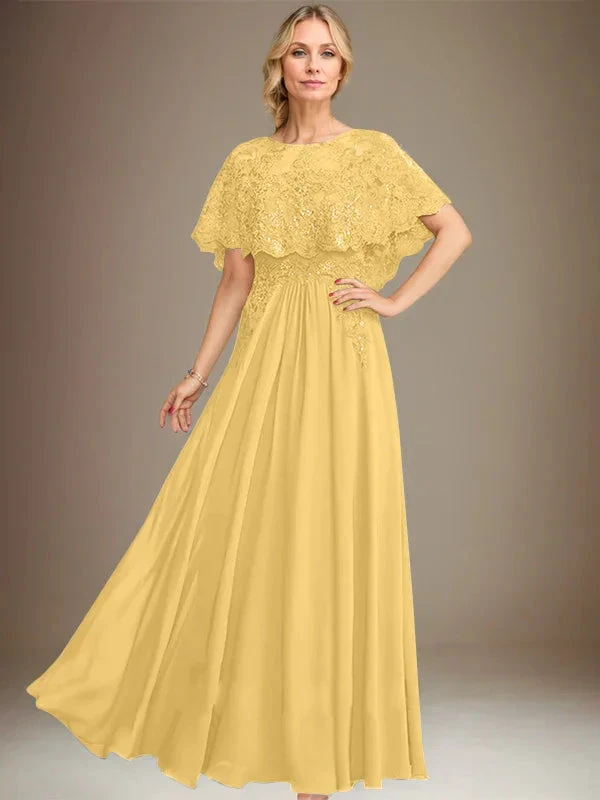 A-line Boat Neck Floor-Length Lace Chiffon Mother of the Bride Dress With Applique Sequins by Dreamylily