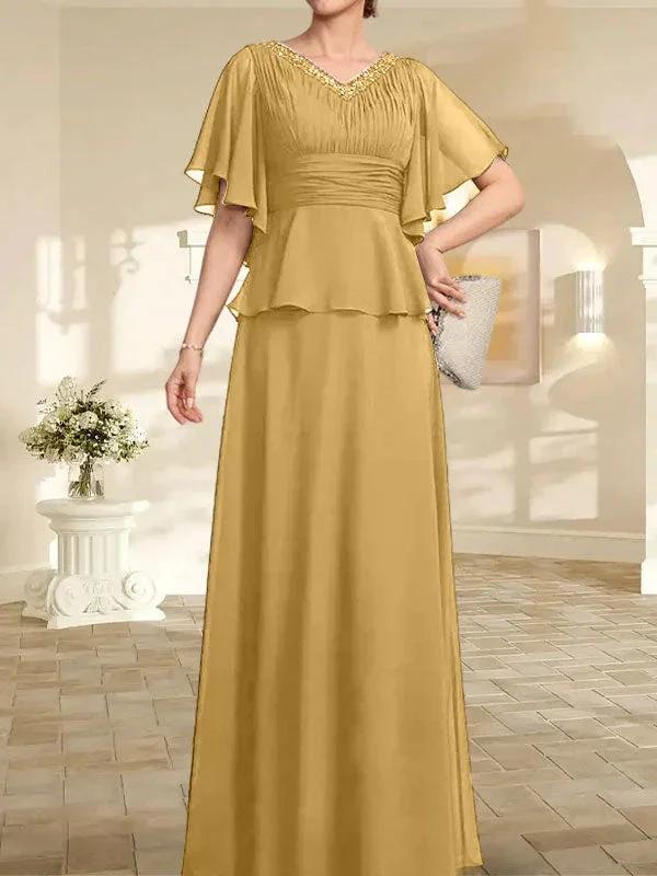 A-line V-Neck Floor-Length Chiffon Mother of the Bride Dress With Pleated Beading by Dreamylily