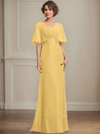 A-line V-Neck Floor-Length Chiffon Mother of the Bride Dress With Pleated Sequins Appliques Lace by Dreamylily