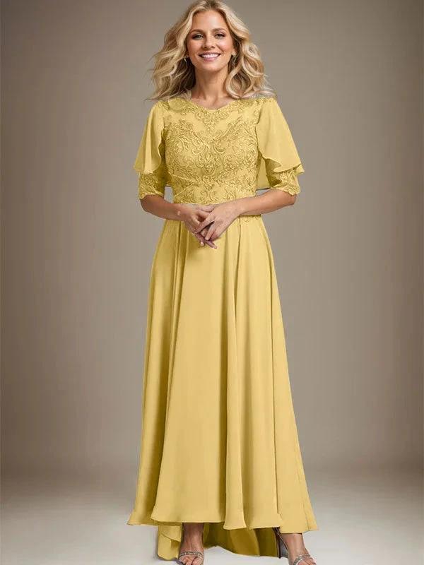 A-line Scoop Illusion Asymmetrical Chiffon Lace Mother of the Bride Dress With Beading by Dreamylily