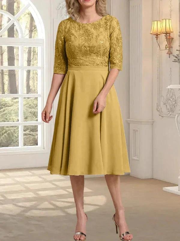 A-line Scoop Knee-Length Lace Chiffon Mother of the Bride Dress by Dreamylily