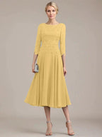 A-line Scoop Tea-Length Lace Chiffon Mother of the Bride Dress by Dreamylily