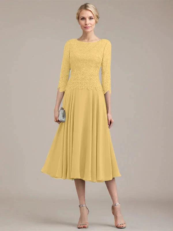 A-line Scoop Tea-Length Lace Chiffon Mother of the Bride Dress by Dreamylily