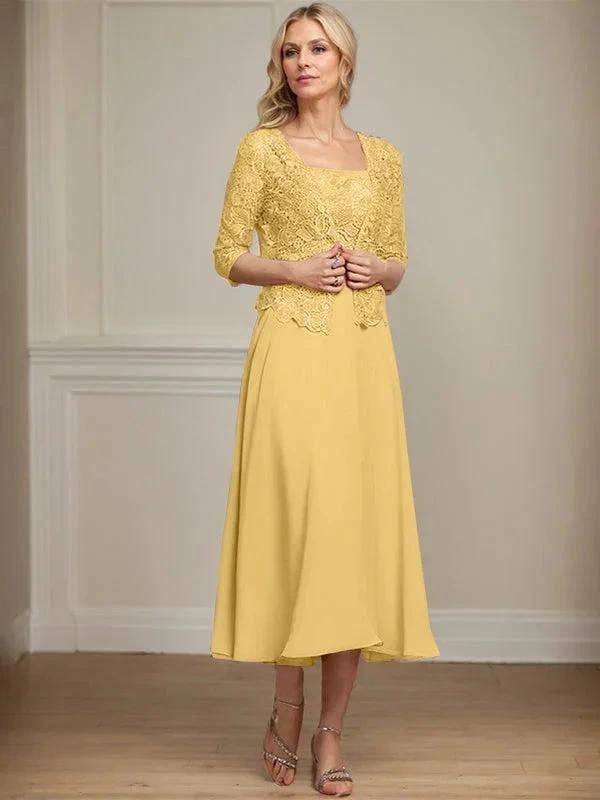 A-line Square Tea-Length Chiffon Lace Mother of the Bride Dress With Sequins Beading by Dreamylily