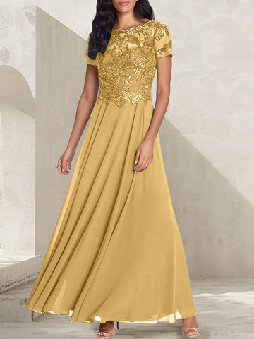 Vestido largo de madre de la novia con escote redondo, corte A, color gris carbón y cuentas
