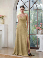 Elegant Long A-line V-Neck Halter Shiny Silk Prom Dress With Side Slit Party Dress with Pocket by BIZTUNNEL