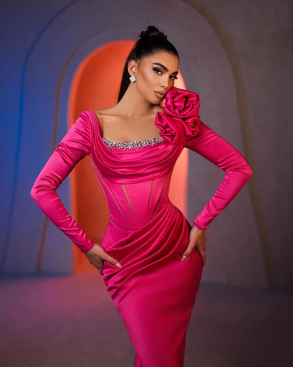 Gorgeous Column Square Long Sleeve Rhinestone Satin Prom Dresses by misshow.com