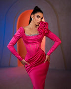 Gorgeous Column Square Long Sleeve Rhinestone Satin Prom Dresses by misshow.com