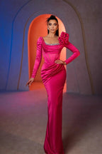 Gorgeous Column Square Long Sleeve Rhinestone Satin Prom Dresses by misshow.com