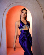 Gorgeous Column V-neck Sleeveless Appliques Satin Prom Dress by misshow.com