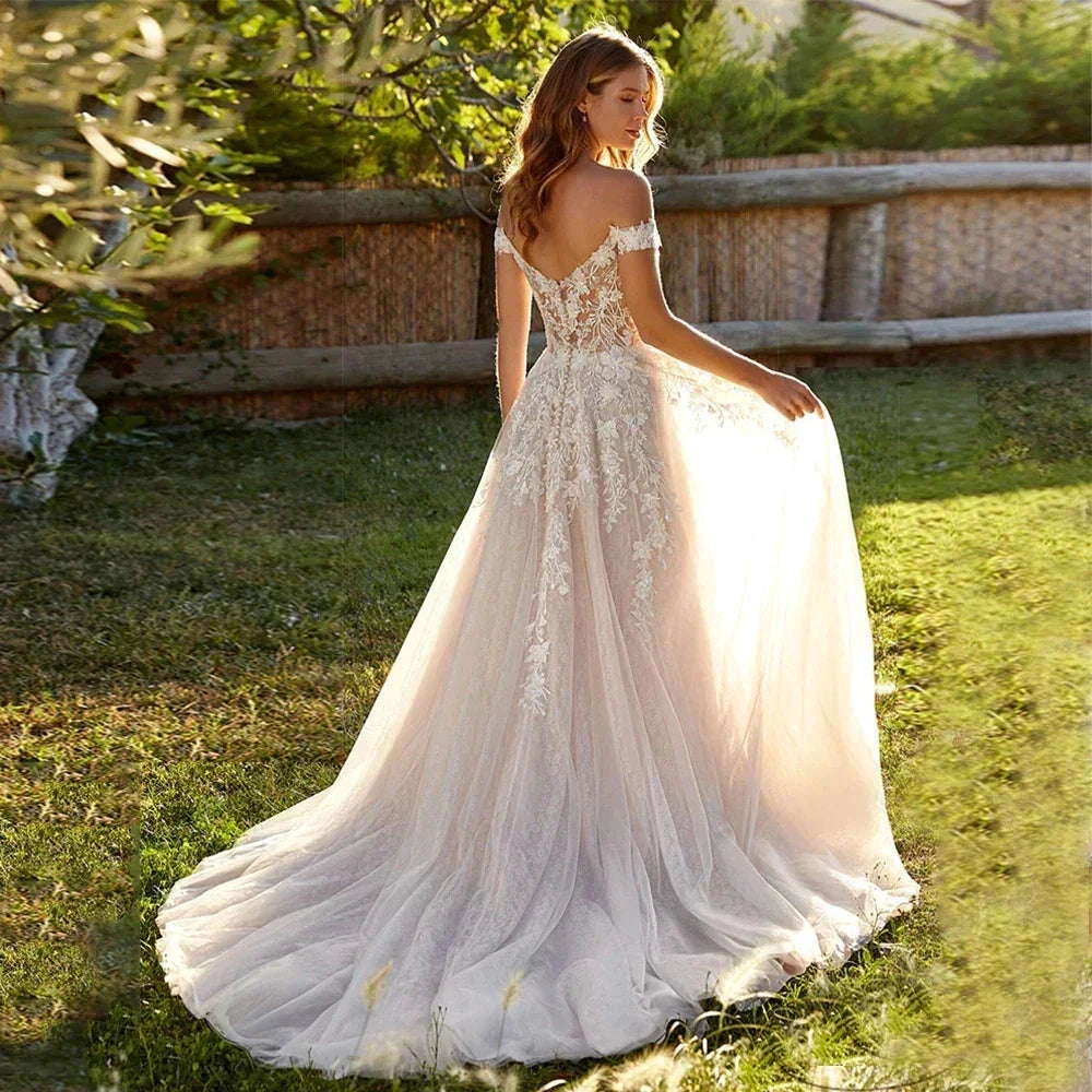 Gorgeous Lace Beach Mopping Wedding Dresses Off the Shoulder Appliques A Line Boho Bride Dresses Princess Wedding Gown Robe by payinti